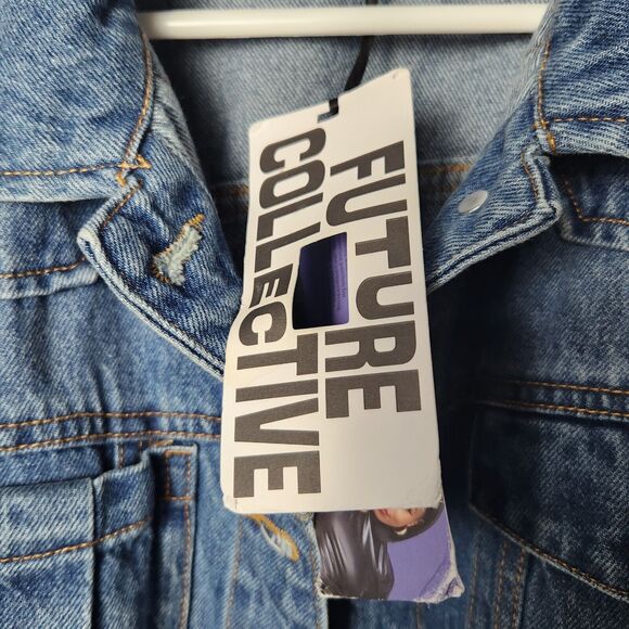 Future Collective Kahlana Barfield Brown Women's Asymmetrical Jean Jacket MED - Picture 4 of 12